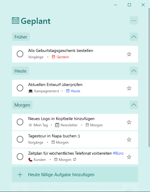 Geplante intelligente Liste mit Aufgaben, die nach „Früher“, „Heute“ und „Morgen“ geordnet sind