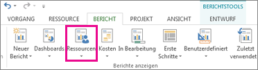 Schaltfläche 'Ressourcen' auf der Registerkarte 'Bericht'
