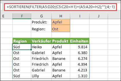 FILTER und SORTIEREN zusammen – Filtern nach "Produkt" ("Apfel") ODER nach "Region" ("Ost")