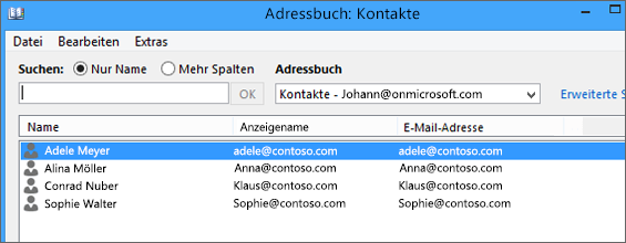 Beim Importieren aus Gmail in Office 365 werden Ihre Kontakte im Adressbuch aufgelistet: Kontakte