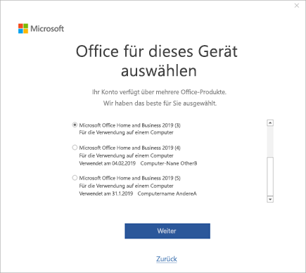 Screenshot des Fensters „Office für dieses Gerät auswählen“