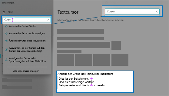 Die Seite „Einstellungen“ für den Textcursor