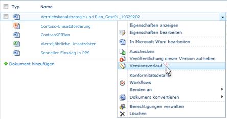 Dropdownliste für eine SharePoint-Datei. Versionsverlauf ist ausgewählt.