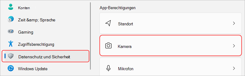 Windows-Einstellungen mit hervorgehobener Kamera-Benutzeroberfläche.