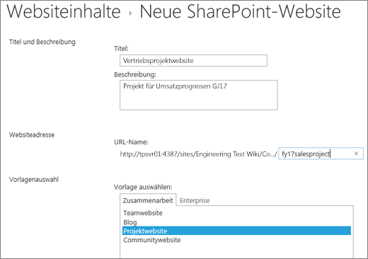 Bildschirm für die Erstellung einer SharePoint 2016-Unterwebsite