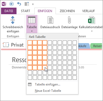 Fügen Sie eine Tabelle in OneNote ein.