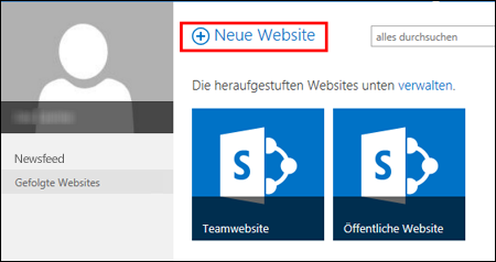 Seite "Websites" in SharePoint Online mit der Schaltfläche "Neue Website"