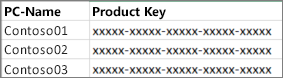 Beispiel für eine zweispaltige Product Key-Liste