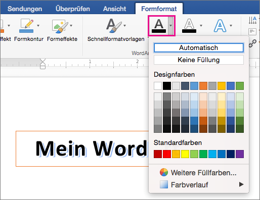 Registerkarte "Formformatierung" mit hervorgehobener Option "Textfüllung"