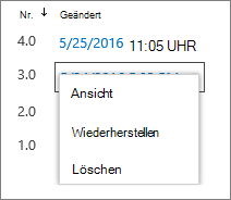 Optionen des Versionsverlaufs ("Anzeigen", "Wiederherstellen", "Löschen")