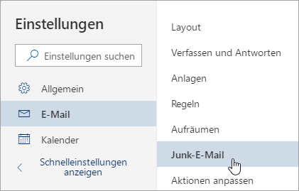 Screenshot des Menüs „Einstellungen“ mit „Junk-E-Mail“ ausgewählt