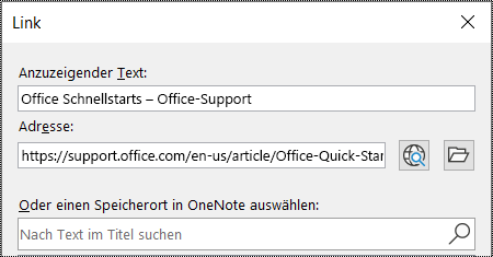 Screenshot des OneNote-Dialogfelds "Link". Enthält zwei auszufüllende Felder: "Anzuzeigender Text" und "Adresse".