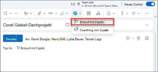 "Entwurf mit Copilot"-Dropdown-Menüoption in Neuem Outlook.