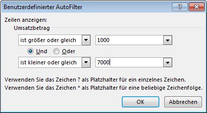 Dialogfeld 'Benutzerdefinierter AutoFilter'