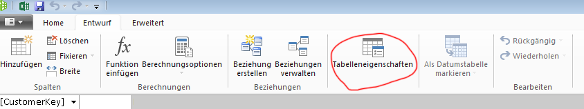 Menüband im PowerPivot-Fenster mit angezeigtem Befehl 'Tabelleneigenschaften'