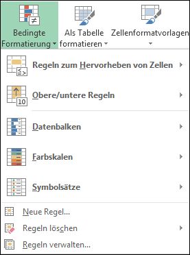 Menü "Bedingte Formatierung" mit hervorgehobener Option "Regeln verwalten"