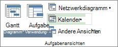 Registerkarte 'Ansicht', Gruppe 'Vorgangsansichten', Schaltfläche 'Kalender'.