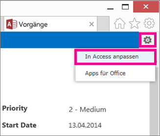 Befehl 'In Access anpassen' im Zahnradmenü 'Einstellungen'