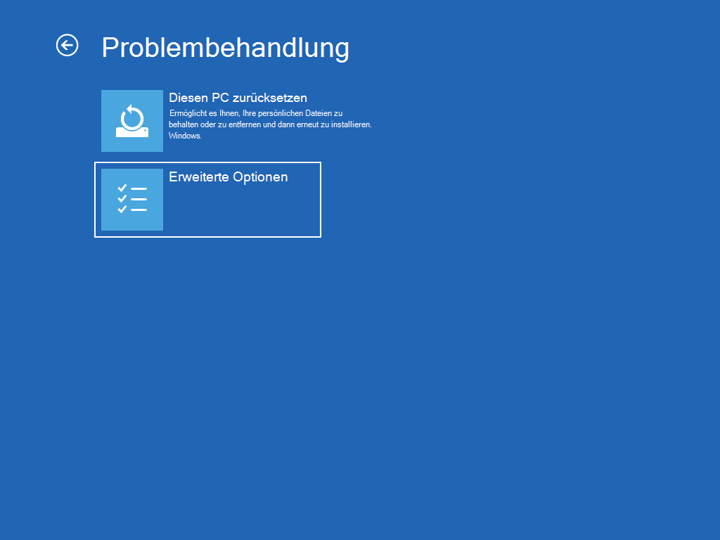 Zeigt den Bildschirm "Fehlerbehebung" an, wobei "Erweiterte Optionen" ausgewählt ist.