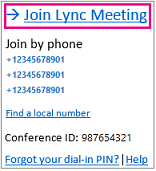 Besprechungseinladung mit hervorgehobenem Link "An Lync-Besprechung teilnehmen"