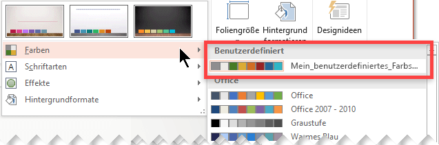 Nachdem Sie ein benutzerdefiniertes Farbschema definiert haben, wird es im Dropdownmenü "Farben" angezeigt.