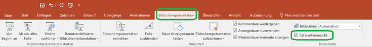 Die Option "Referentenansicht" wird über ein Kontrollkästchen auf der Registerkarte "Bildschirmpräsentation" im Menüband von PowerPoint gesteuert.