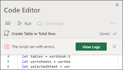 Code Editor Fehlermeldung, dass das Skript mit Fehlern ausgeführt wurde. Klicken Sie auf die Schaltfläche Protokolle, um mehr zu erfahren.