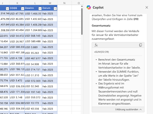 Bildschirmfoto zur Erklärung von Formeln mit Copilot in Excel.