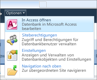 Menü 'Optionen' auf der Website einer Webdatenbank in SharePoint