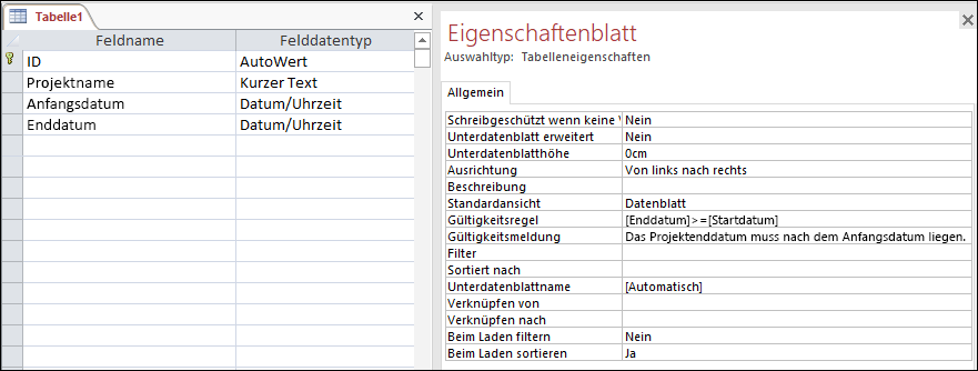 Eine Tabellen-Gültigkeitsprüfungsregel im Access-Tabellen-Designer