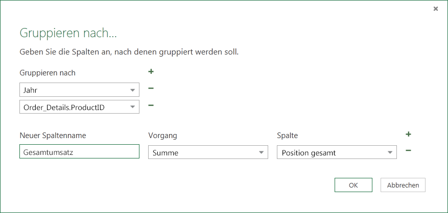 Dialogfeld 'Gruppieren nach' für Aggregationsvorgänge