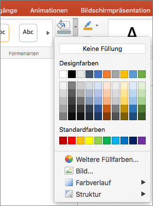 Der Screenshot zeigt die Optionen im Menü "Fülleffekt", darunter "Keine Füllung", "Designfarben", "Standardfarben", "Weitere Füllfarben", "Bild", "Farbverlauf" und "Struktur".