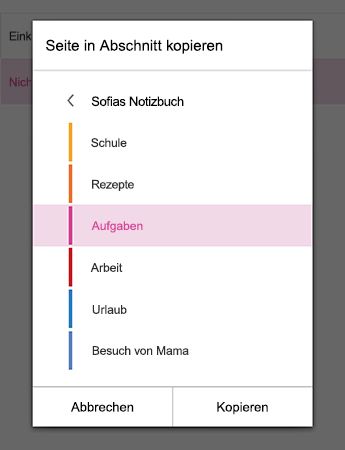 Menü "Seite in Abschnitt kopieren" in OneNote für Android