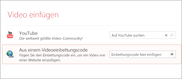 Zeigt die Option "Video einbetten" in PowerPoint