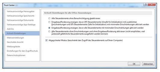 Bereich 'ActiveX-Einstellungen' des Trust Centers