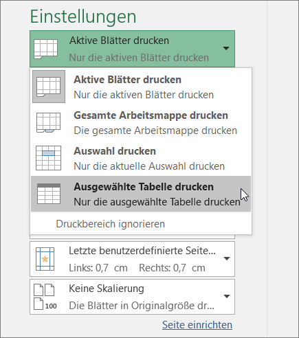 Ausgewählte Tabelle drucken