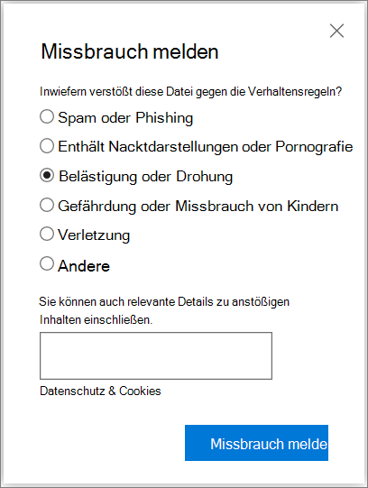 Screenshot des Dialogfelds "Missbrauch melden" in OneDrive