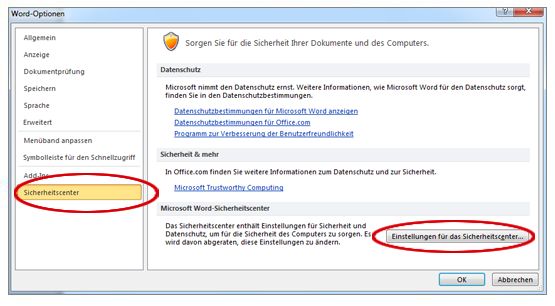 Word-Optionen zur Anzeige der Trust Center-Einstellungen
