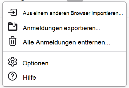 Das Menü "Kennwörter" in Firefox, in dem "Anmeldungen exportieren" verfügbar angezeigt wird.