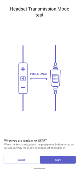 Screenshot: Test des Headset-Übertragungsmodus in Walkie Talkie mit der Schaltfläche "Start"