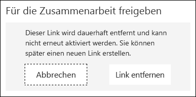 Angezeigte Schaltflächen "Abbrechen" und "Link entfernen"