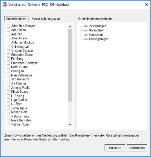 Bereich "Seiten verteilen" mit einer Liste einzelner Kursteilnehmernamen mit Kontrollkästchen und einer Liste der Notizbuchabschnitte für Zielstudenten.