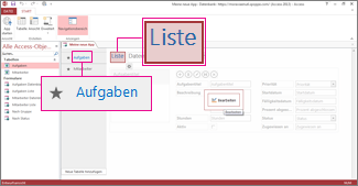 Tabelle 'Aufgaben' und Ansicht 'Liste' im App-Entwurf