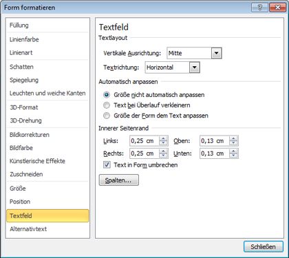 Das Dialogfeld 'Form formatieren'