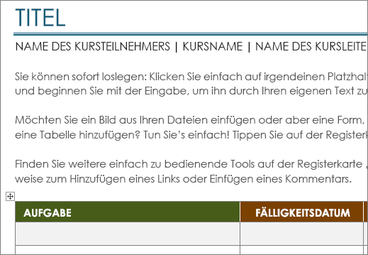 Neue Vorlage für eine Projektaufgabenliste mit einem Mindestschriftgrad von 11 Punkt.