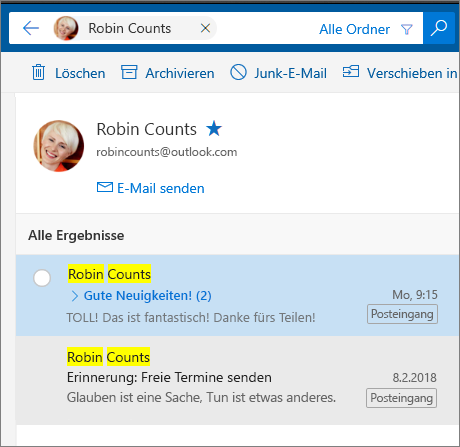 Suchen nach einer Person, um alle E-Mail-Nachrichten anzuzeigen