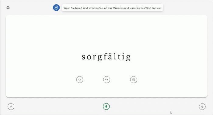 Vollbildansicht der Lesecoachseite des Kursteilnehmers. Das Wort „sorgfältig“ wird mit Schaltflächen zum Abspielen des Wortes, zum Strecken des Wortes oder zum Anzeigen eines Bildes darunter angezeigt. Ein grünes Mikrofon befindet sich unten in der Mitte der Seite.