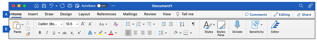 Menüband in Word für Mac mit den Standard Bereichen des Menübands.