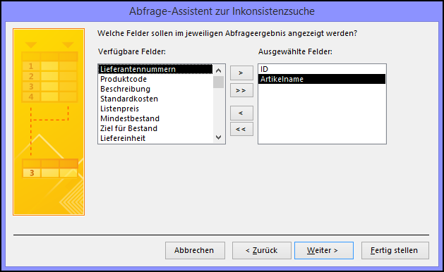 Dialogfeld "Abfrage-Assistent zur Inkonsistenzsuche": Auswählen der Felder, die in der Ausgabe der Abfrage angezeigt werden sollen