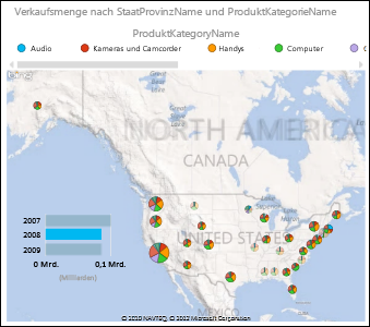 Power View-Karte der USA mit Kreisdiagrammen